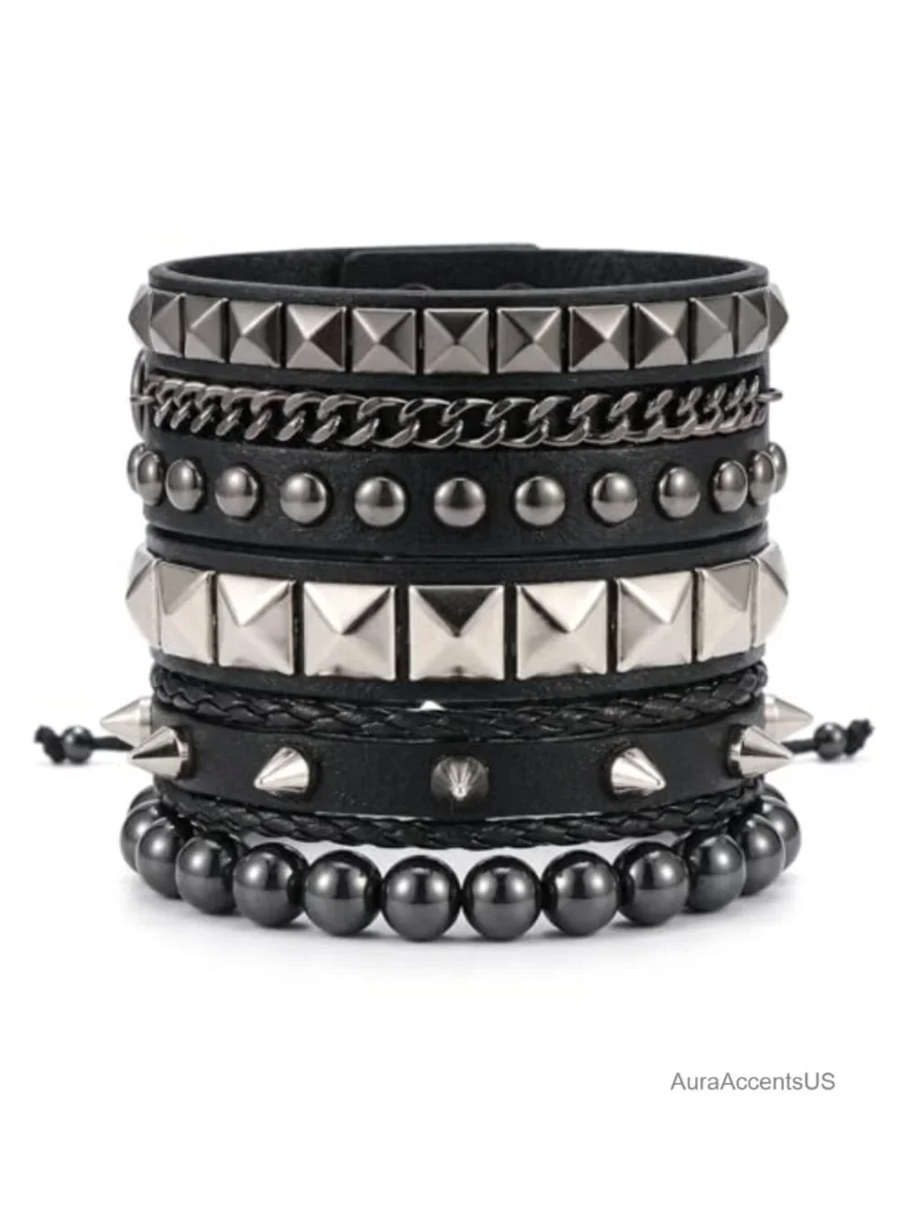 Punk Studded Cuff Bracelets Set of 4, PU Leather Adjustable
